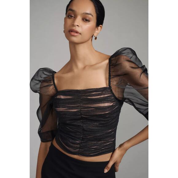 NWT Anthropologie Maeve Puff-Sleeve Black Tulle Top - Small - Picture 1 of 4